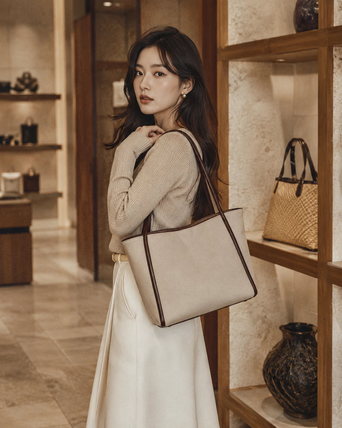 bolsas-tote-grande-elara-bege-em-uso