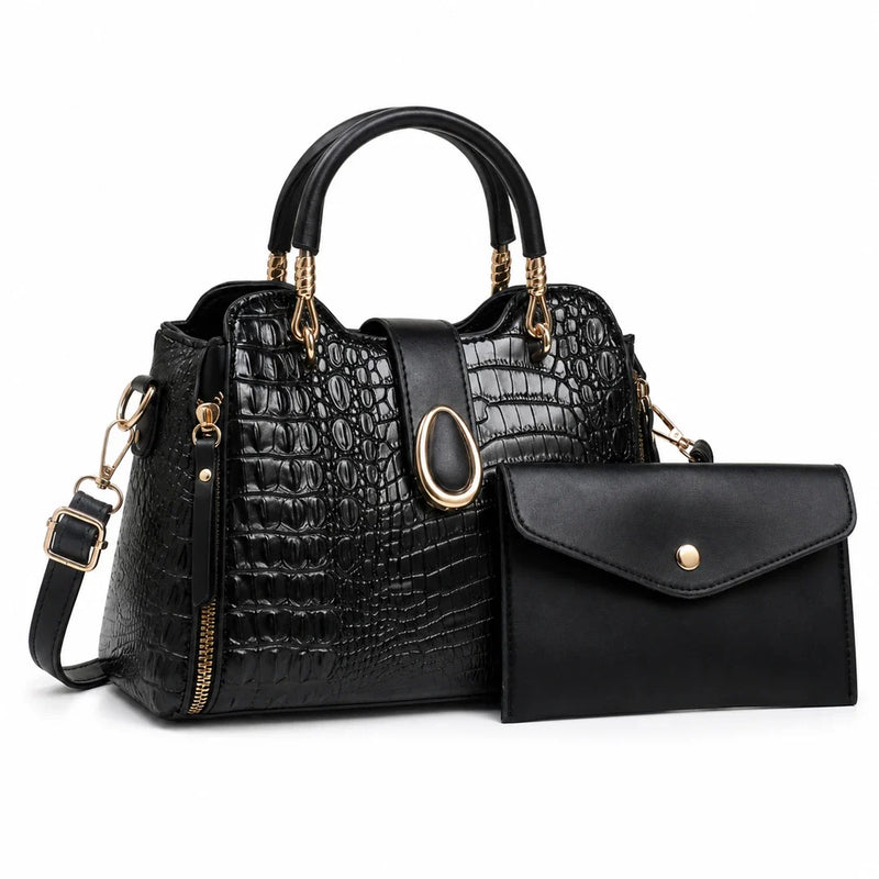 Kit Bolsa Feminina Serena 2 Peças Croco Preta — composição frontal em fundo branco